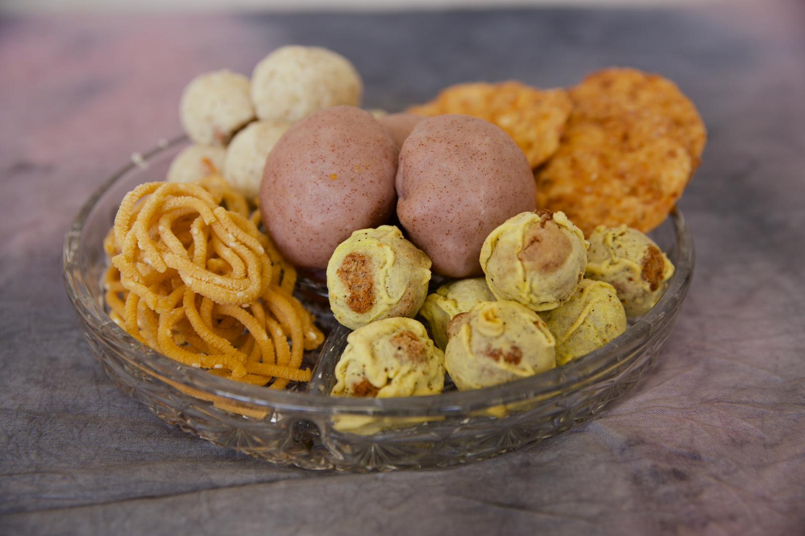 A mixed platter of sweets and savoury snacks from the bakery counter